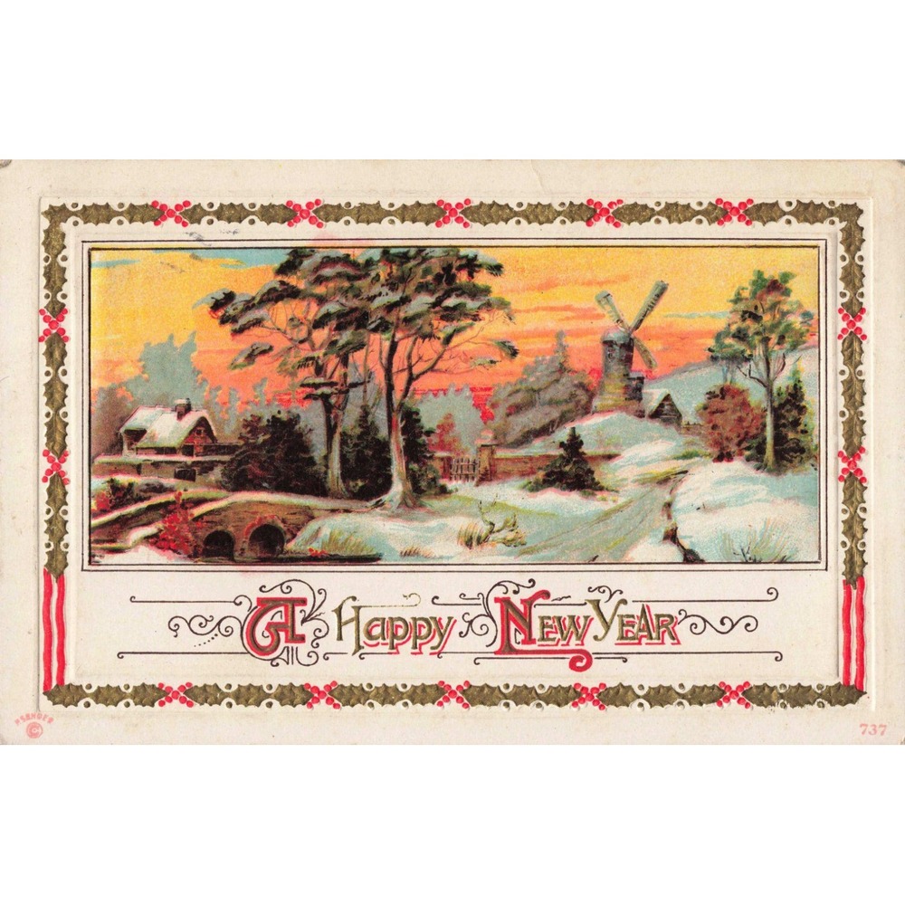 Vintage 1912 A Happy New Year Postcard Winter Windmill Scene Spearville KS VG